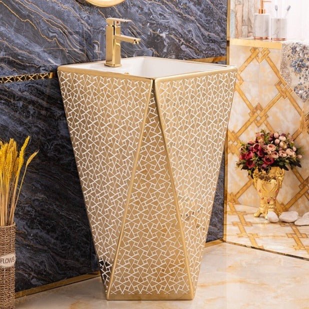 InArt Basin Pedestal Sink - Standing Bathroom Sink Gold White 46x46 CM - InArt-Studio-USA