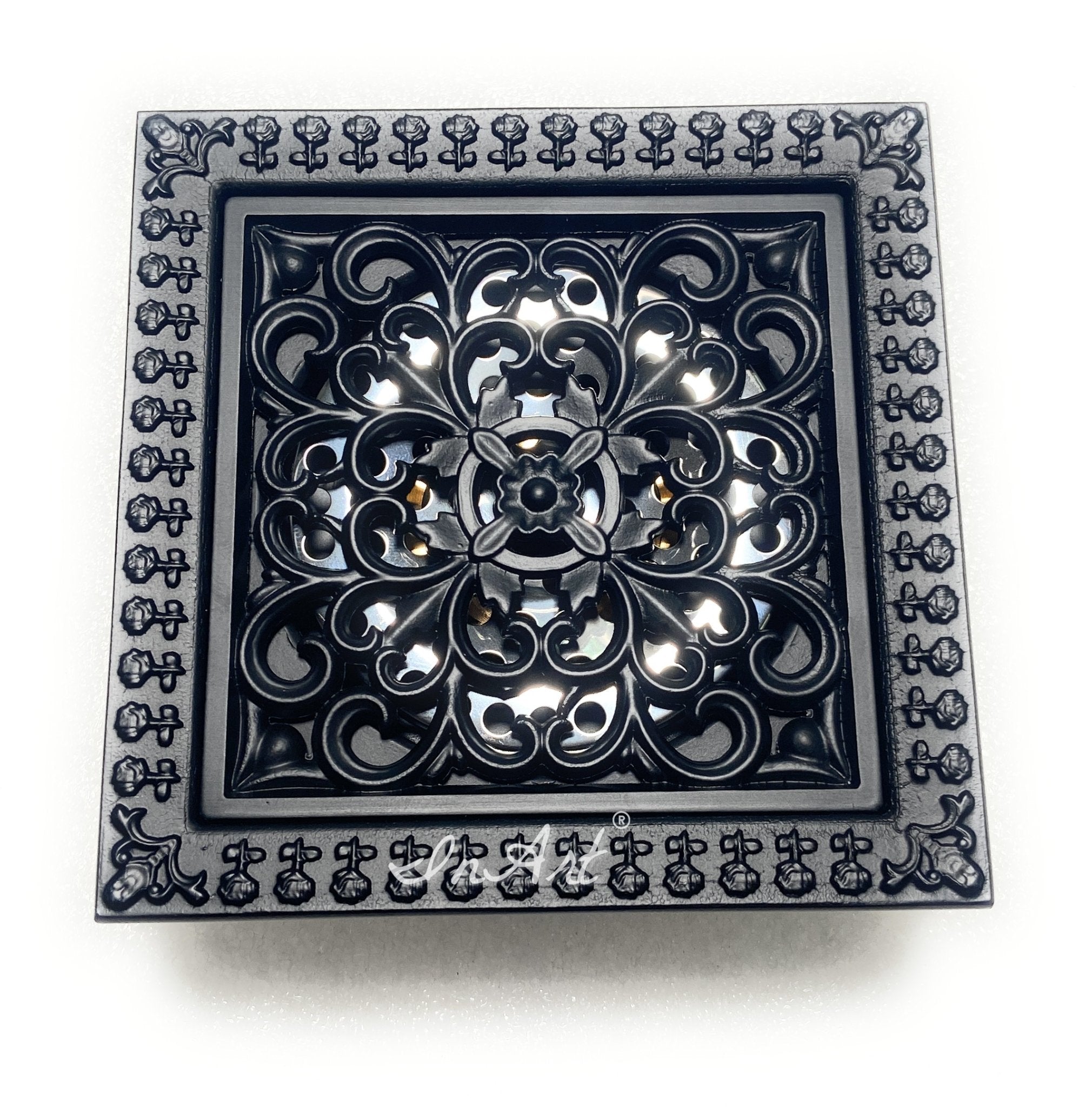 InArt Brass Square Shower Floor Drain with Removable Cover Grid Grate 5 inch Long Black Matt Color Floral - InArt-Studio-USA