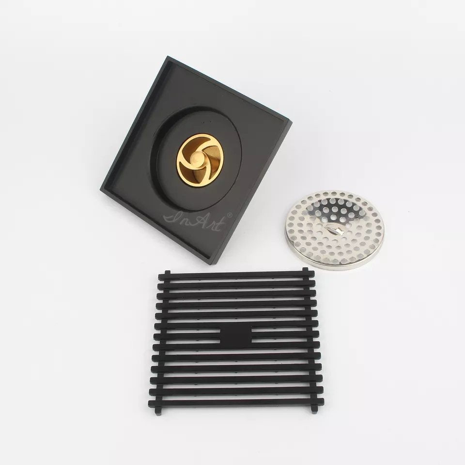 InArt Brass Square Shower Floor Drain with Removable Cover Grid Grate 5 inch Long Black Matt Color - InArt-Studio-USA
