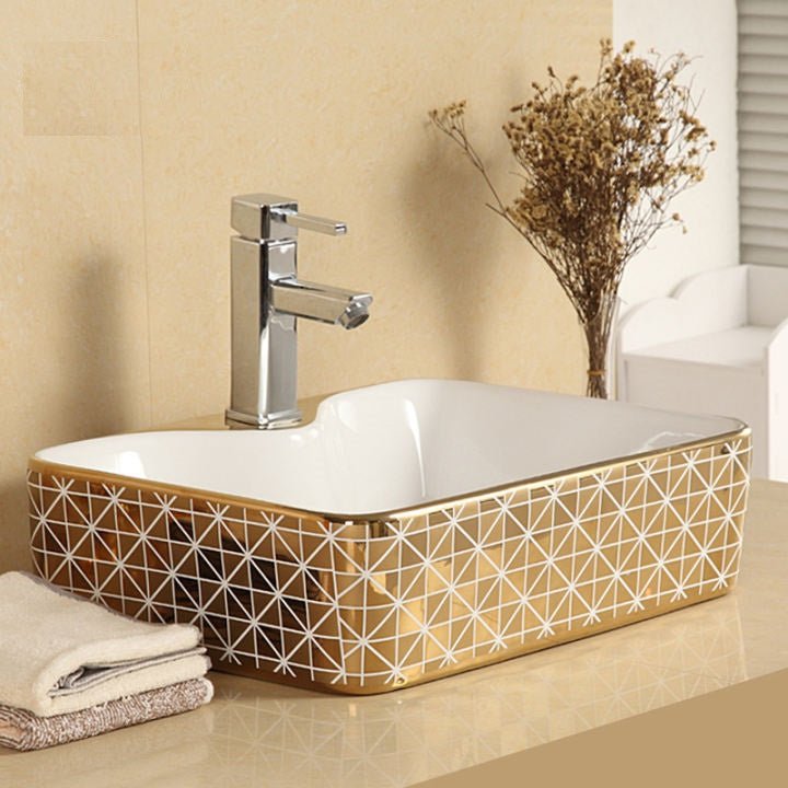 InArt Ceramic Rectangle Shape Above Counter Top Wash Basin Bathroom Porcelain Vessel Sink Bowl For Lavatory/Bathroom 48 x 37 x 13 Cm (Gold White) - InArt-Studio-USA