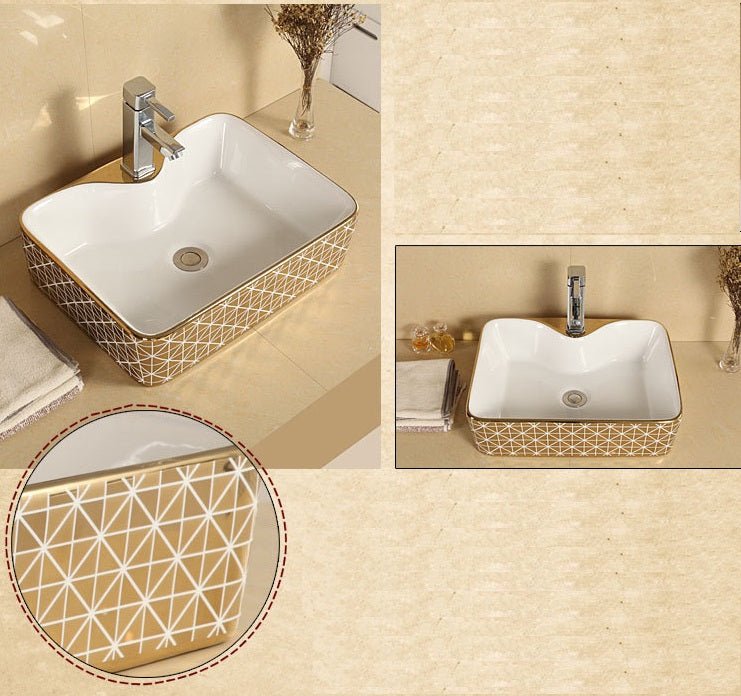 InArt Ceramic Rectangle Shape Above Counter Top Wash Basin Bathroom Porcelain Vessel Sink Bowl For Lavatory/Bathroom 48 x 37 x 13 Cm (Gold White) - InArt-Studio-USA