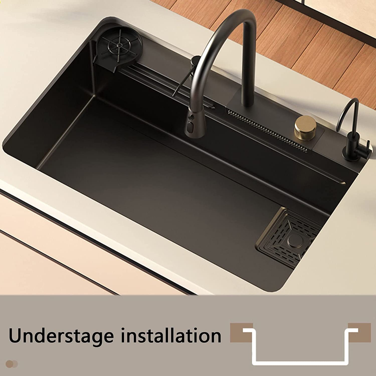 InArt Kitchen Sink,New Stainless Steel Waterfall Sink,Bar Sink, 304 Stainless Steel Sink, with Cup Washer Sinks, Drop-in Or Undermount Installation - InArt-Studio-USA