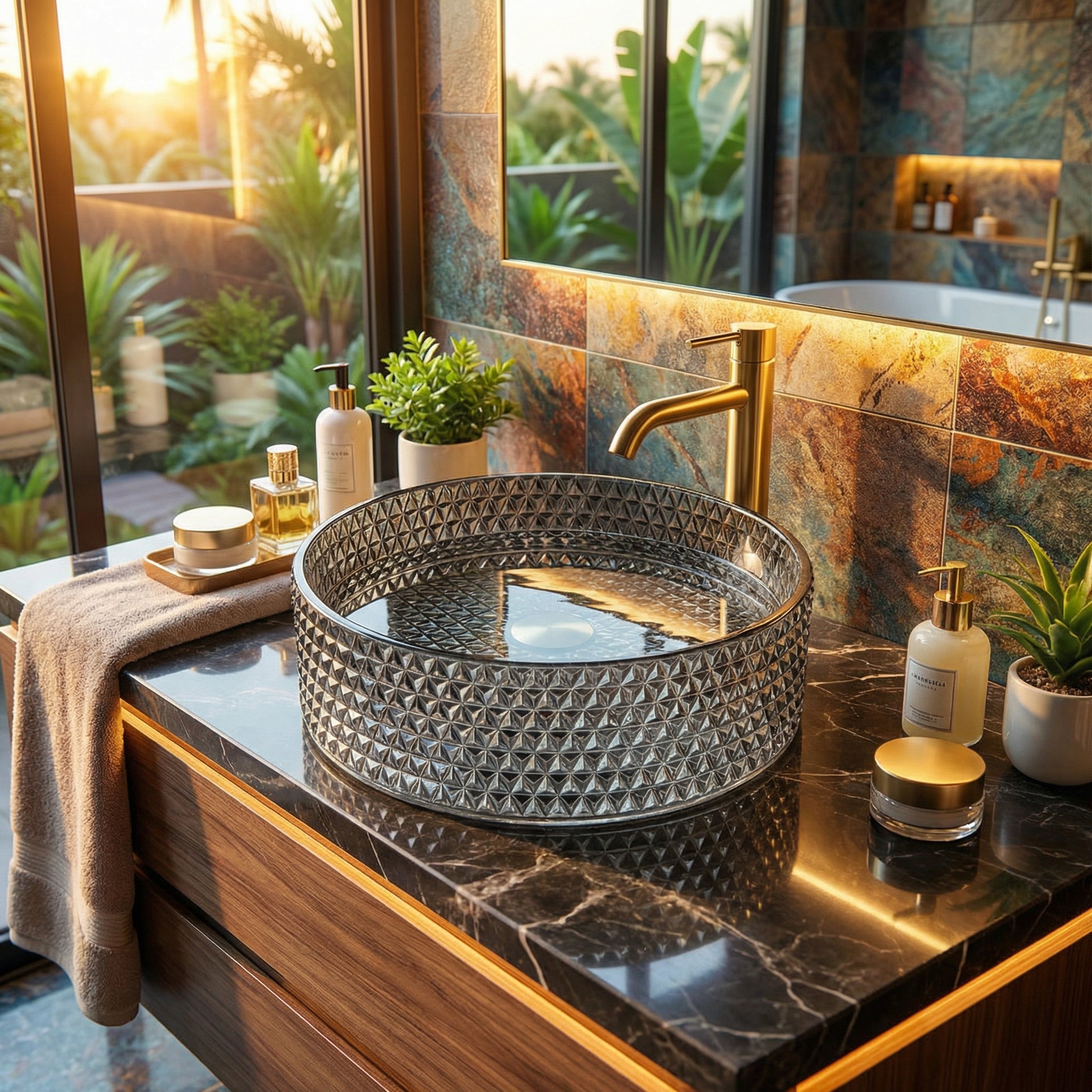 Round tempered glass vessel sink with reflective silver exterior and smoky gray interior, above-counter bathroom basin