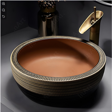 InArt Matte Brown Ceramic Vessel Sink – 16" Round Countertop Bathroom Basin for Home & Hotel DW333