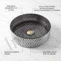 Textured faceted crystal-pattern glass round vessel sink bowl in silver finish for bathroom vanity countertop