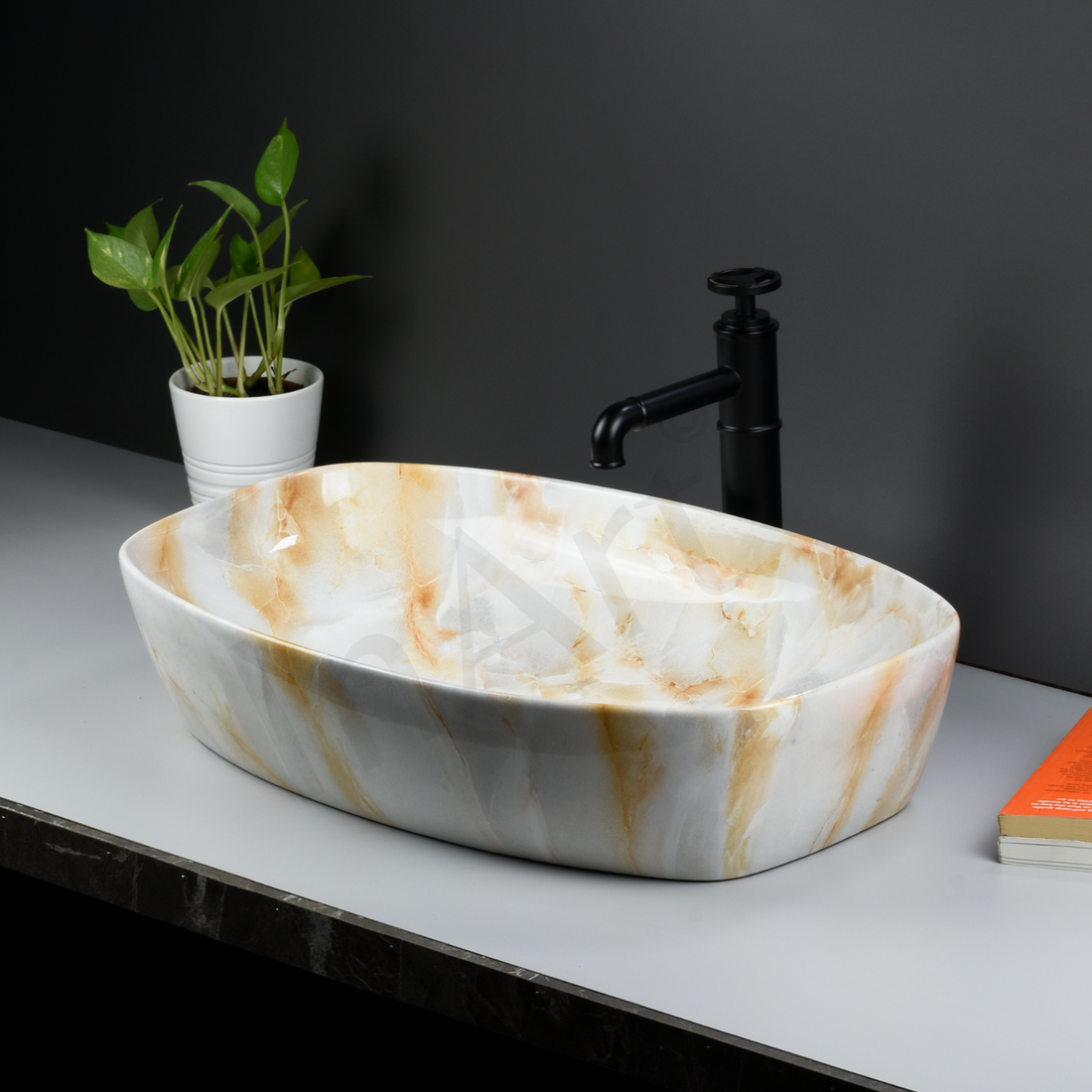InArt Onyx Marble Ceramic Vessel Sink – 24" x 15" Glossy Rectangular Countertop Bathroom Vanity Basin DW265