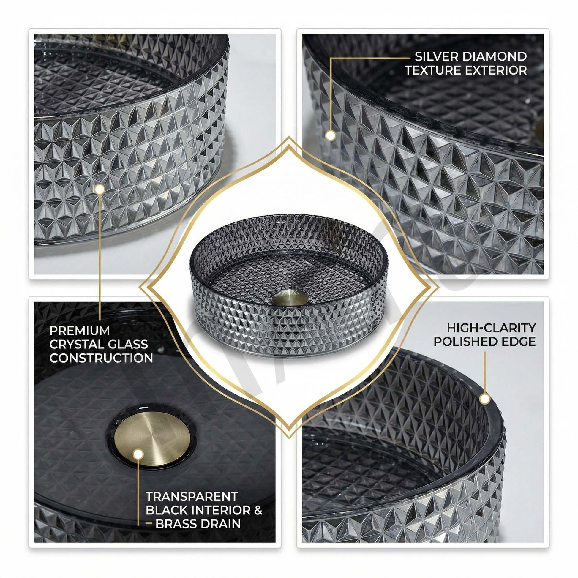 Top view of round glass vessel sink showing smoky gray interior and center drain opening, above-counter basin