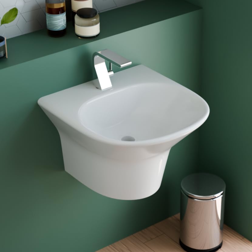 Wall mounted bathroom sink in glossy white vitreous china, rounded-rectangle wall-hung basin front view