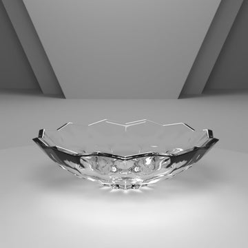 Clear glass vessel sink, round above-counter basin with prism-cut faceted rim