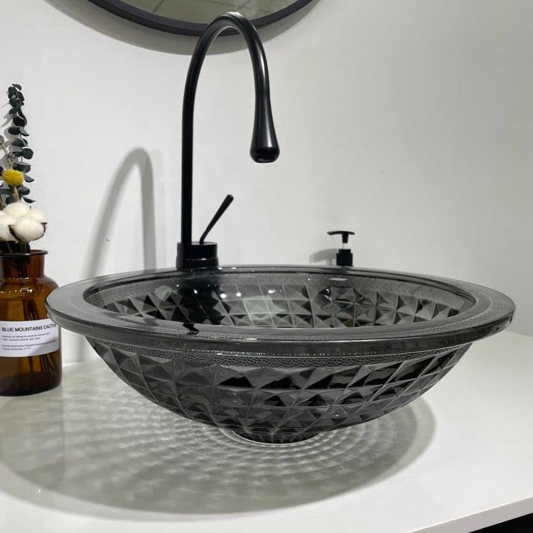 Vessel sink smoked black tempered glass round bowl with diamond-cut texture, above-counter bathroom basin