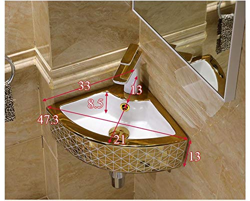 Small bathroom sink corner, ceramic square corner wall mount sink in glossy golden white, front angle - Generic