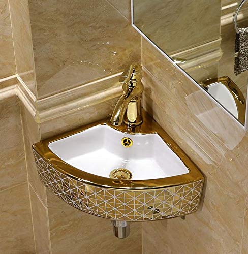 Ceramic square corner sink detail showing glossy white bowl and gold rim, compact corner small bathroom sink