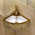 Wall mounted corner sink bathroom install idea, 14x14 small corner sink for powder room, glossy golden white