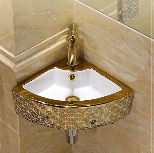 Wall mounted corner sink bathroom install idea, 14x14 small corner sink for powder room, glossy golden white