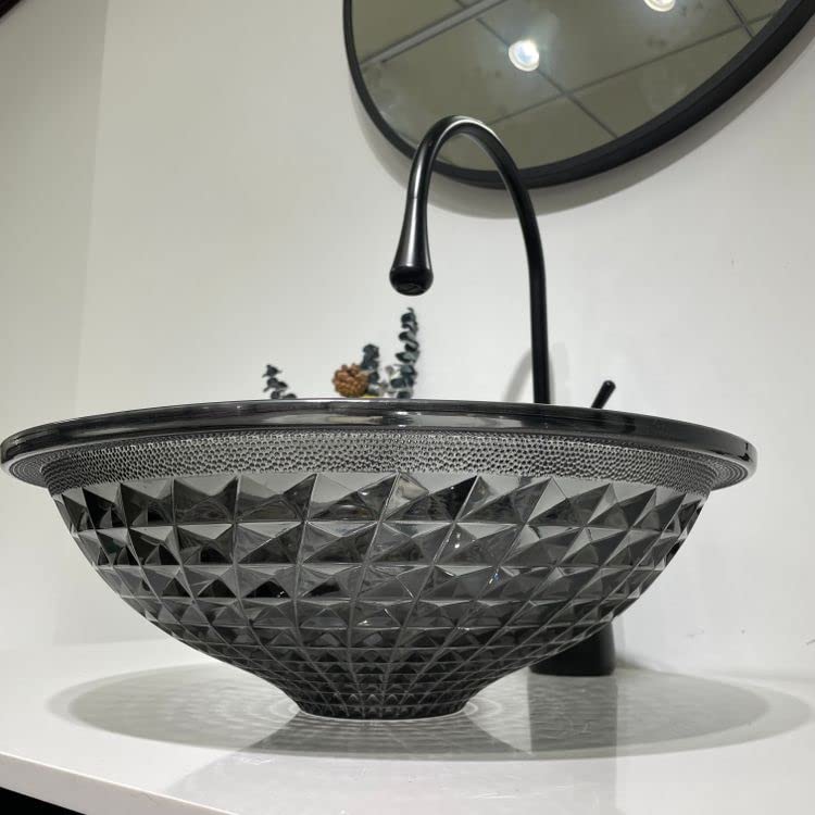 Textured diamond-cut tempered glass round vessel wash basin for bathroom vanity countertop installation