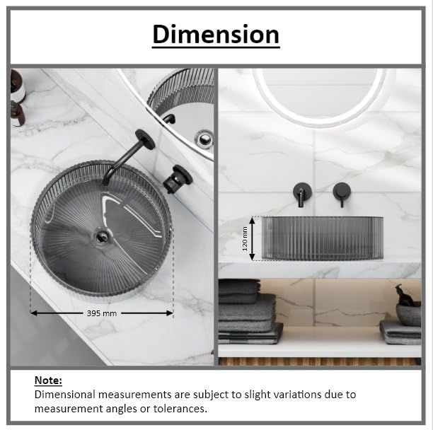 Top view of round smoked glass vessel sink showing textured glass base pattern, above-counter basin