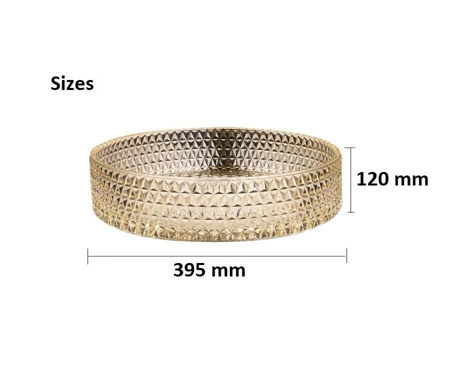 Round tempered glass vessel sink in glossy amber with diamond texture, above-counter bathroom bowl