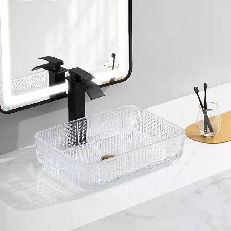 Clear tempered glass rectangular vessel sink with crystal-faceted texture, above-counter bathroom basin