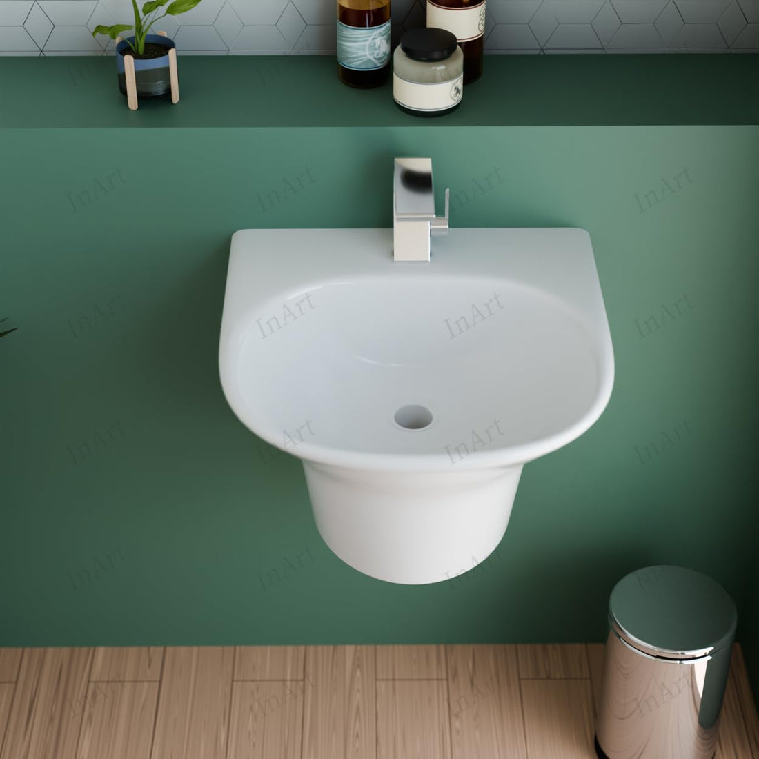Wall mounted bathroom sink in glossy white vitreous china, rounded-rectangle wall-hung basin front view