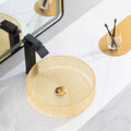 Round tempered glass vessel sink in glossy amber with diamond texture, above-counter bathroom bowl