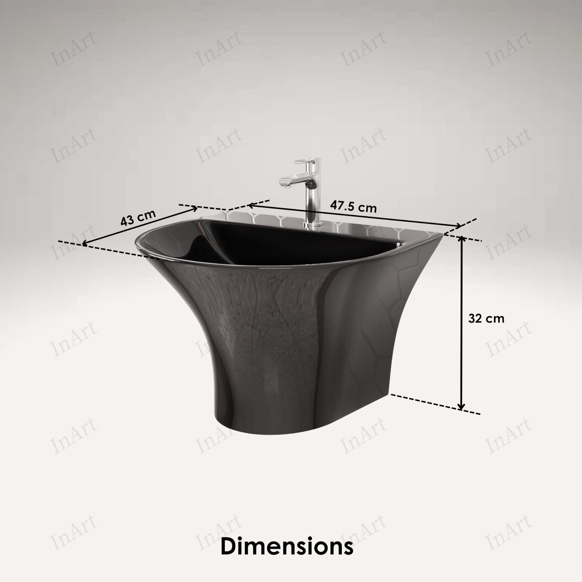 Modern wall-hung glossy black ceramic sink with half pedestal shroud concealing plumbing, angled view
