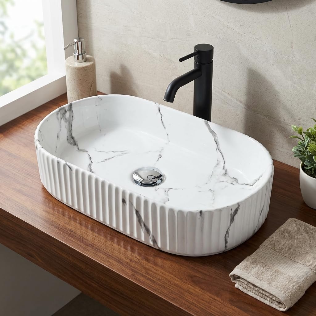 Vessel bowl vanity InArt oval ceramic wash basin, glossy white marble pattern over counter vessel sink
