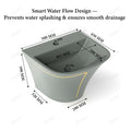 Wall mounted sink with integrated half-pedestal shroud, glossy gray ceramic rectangular shape, angled view