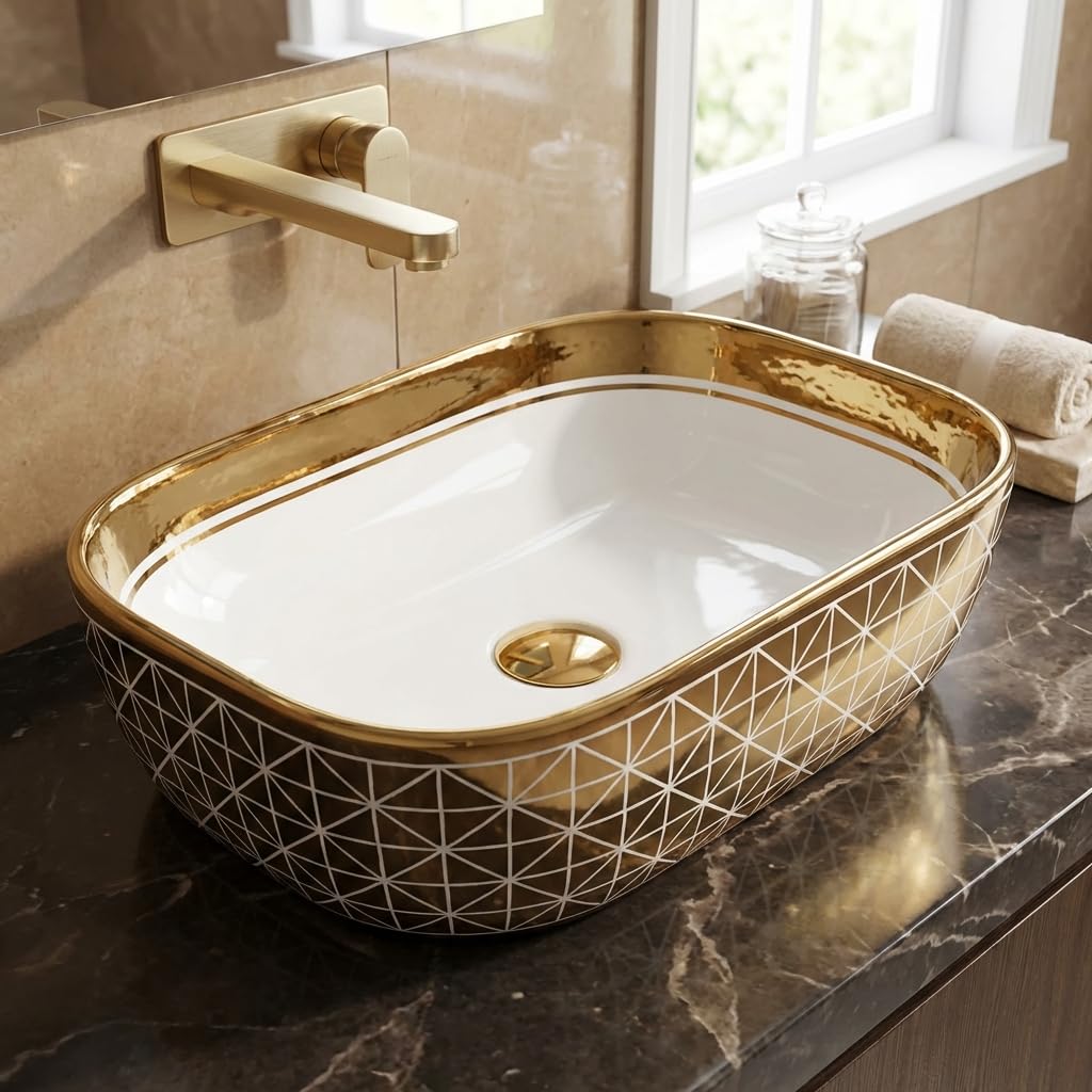 Vessel sinks InArt gold rectangular ceramic tabletop wash basin 18x13x5 inch