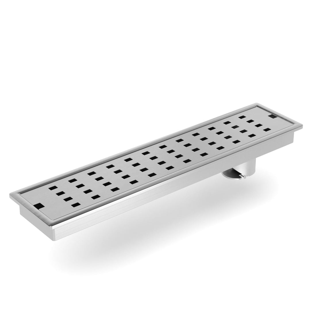 Brushed 304 stainless steel linear shower drain channel with square perforated grate, 18 x 4 in
