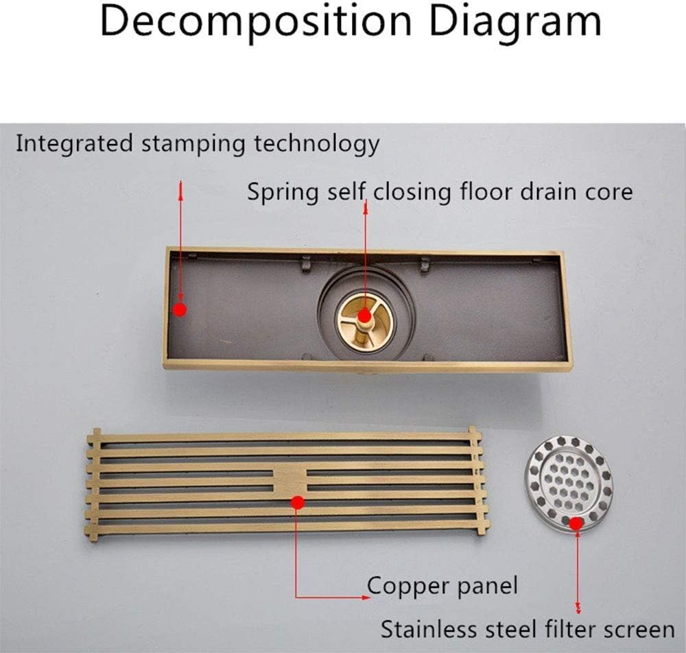 Antique brass linear shower drain with slotted grate cover, brass body, 12-inch class