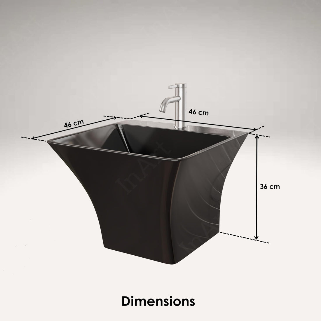 Wall mount small bathroom sink in gloss black glazed ceramic, square basin with integrated half pedestal front view
