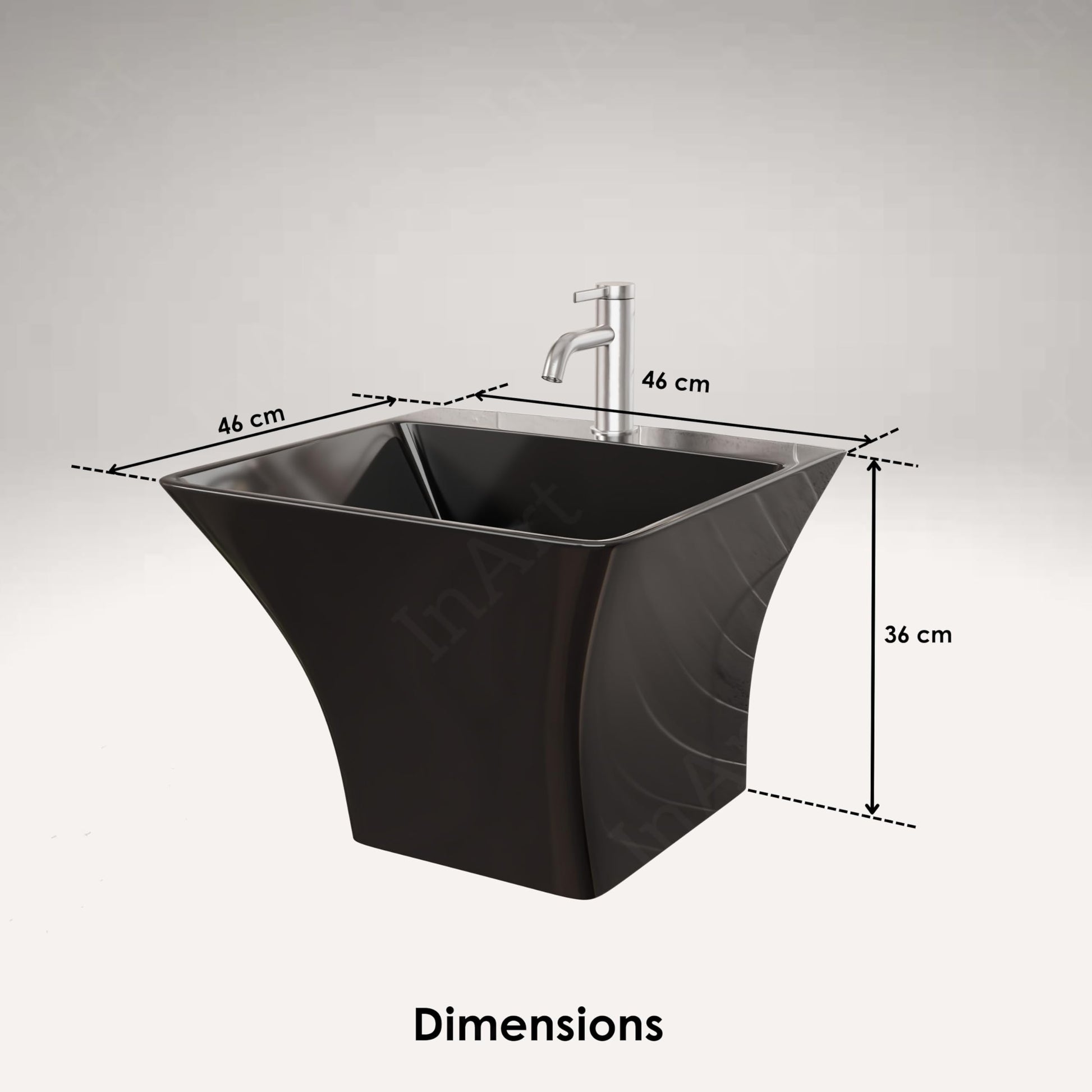 Modern wall-hung ceramic bathroom sink, glossy black square/rectangular rim showing single-hole faucet deck