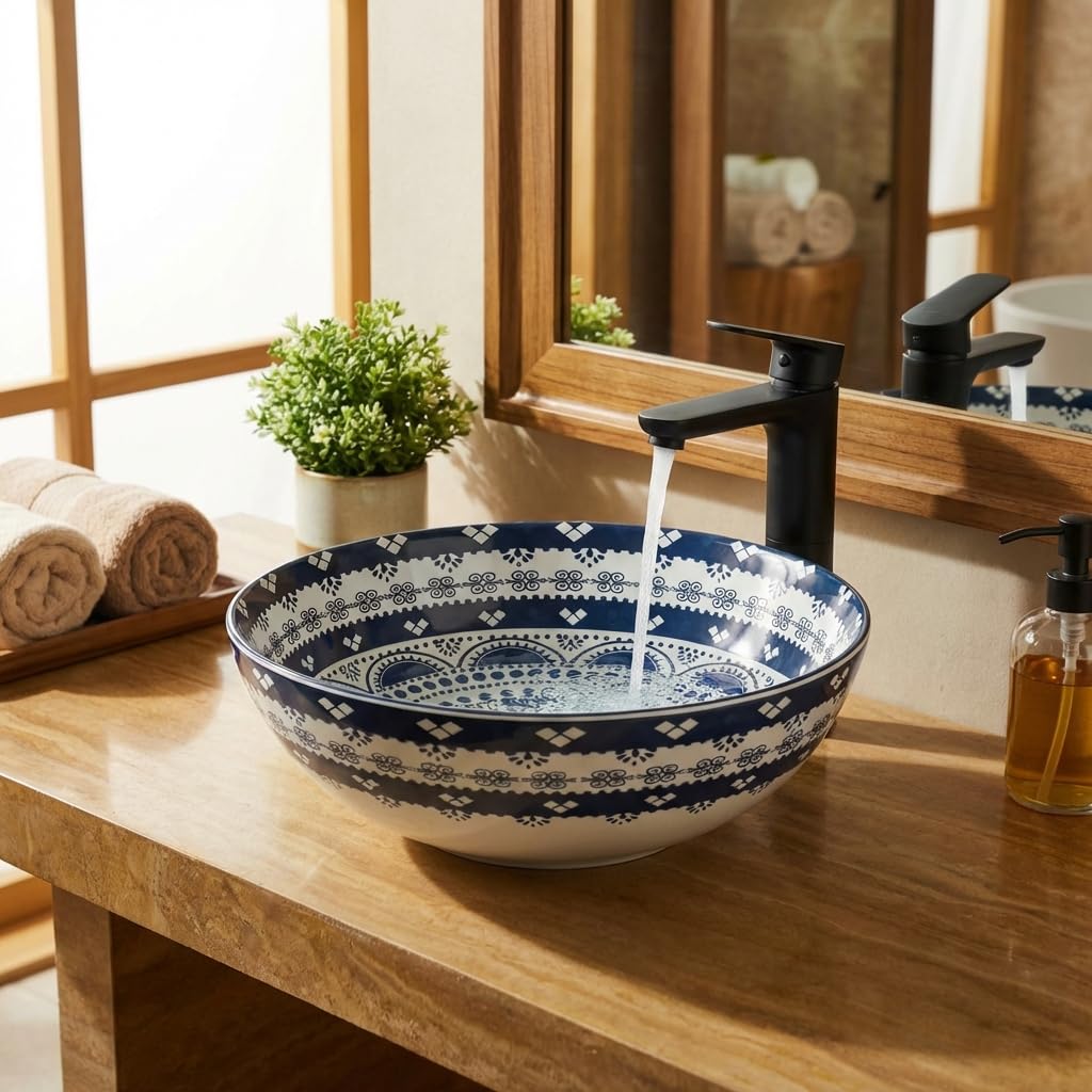 Round vessel sink InArt ceramic tabletop wash basin, Mexican Blue glossy, 39cm round bathroom basin