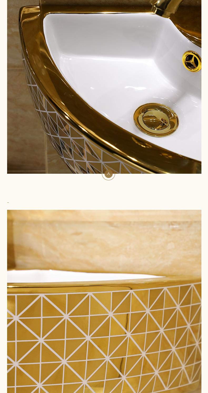 Small corner lavatory sink ceramic square corner basin, glossy white with gold trim, side view wall hung - Generic