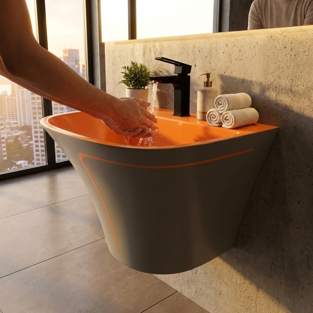 Wall mounted sink ceramic integrated half-pedestal shroud concealing plumbing side view