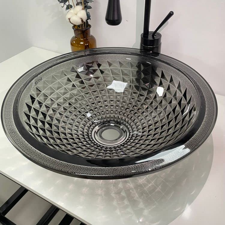 Vessel sink smoked black tempered glass round bowl with diamond-cut texture, above-counter bathroom basin