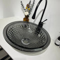 Modern round smoked glass bathroom vessel sink bowl on top of vanity style, reflective faceted finish