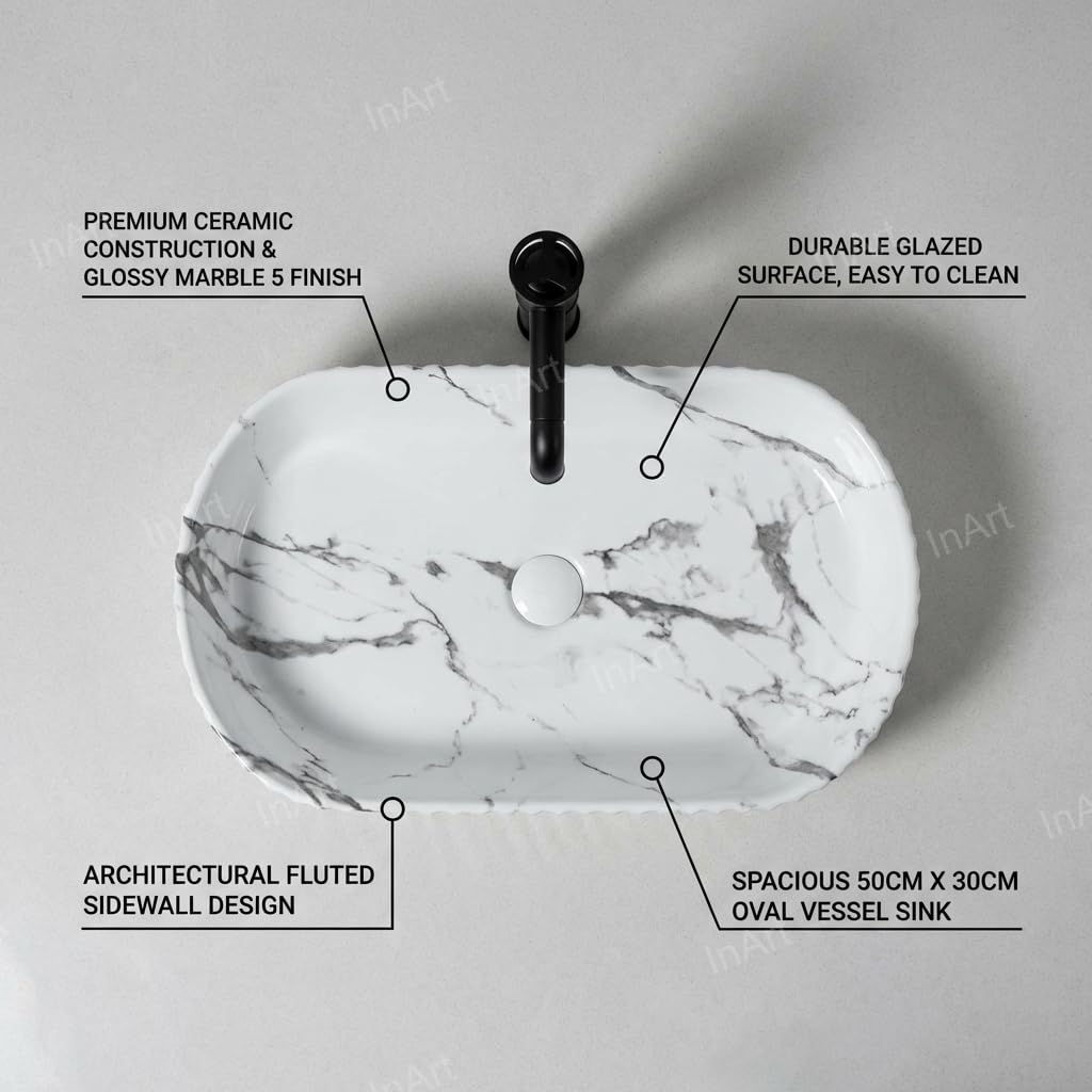 Vessel bowl vanity InArt oval ceramic wash basin, glossy white marble pattern over counter vessel sink