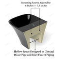 Rectangular wall-mounted ceramic bathroom sink with concealed plumbing shroud, glossy black and gold detail, side view