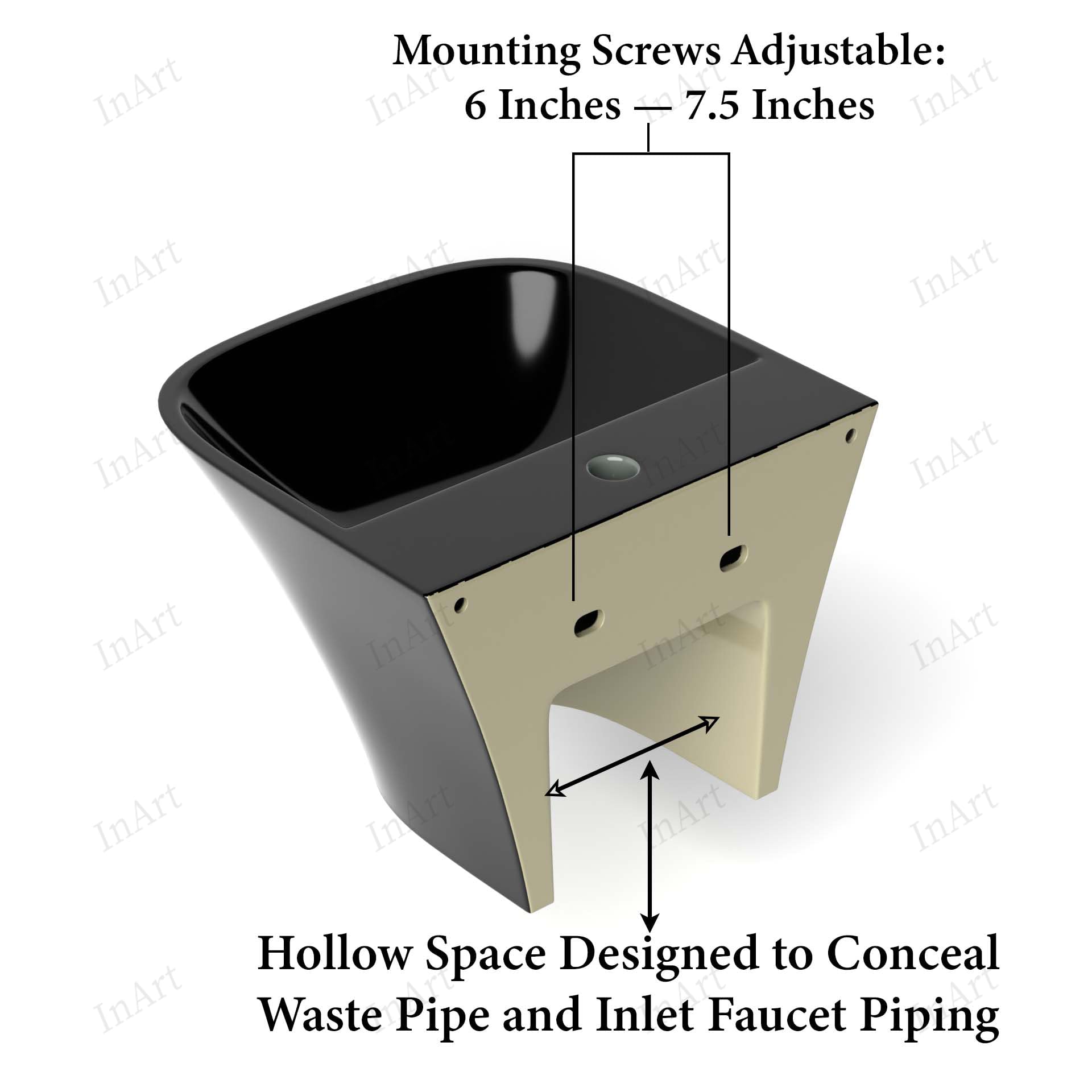 Rectangular wall-mounted ceramic bathroom sink with concealed plumbing shroud, glossy black and gold detail, side view