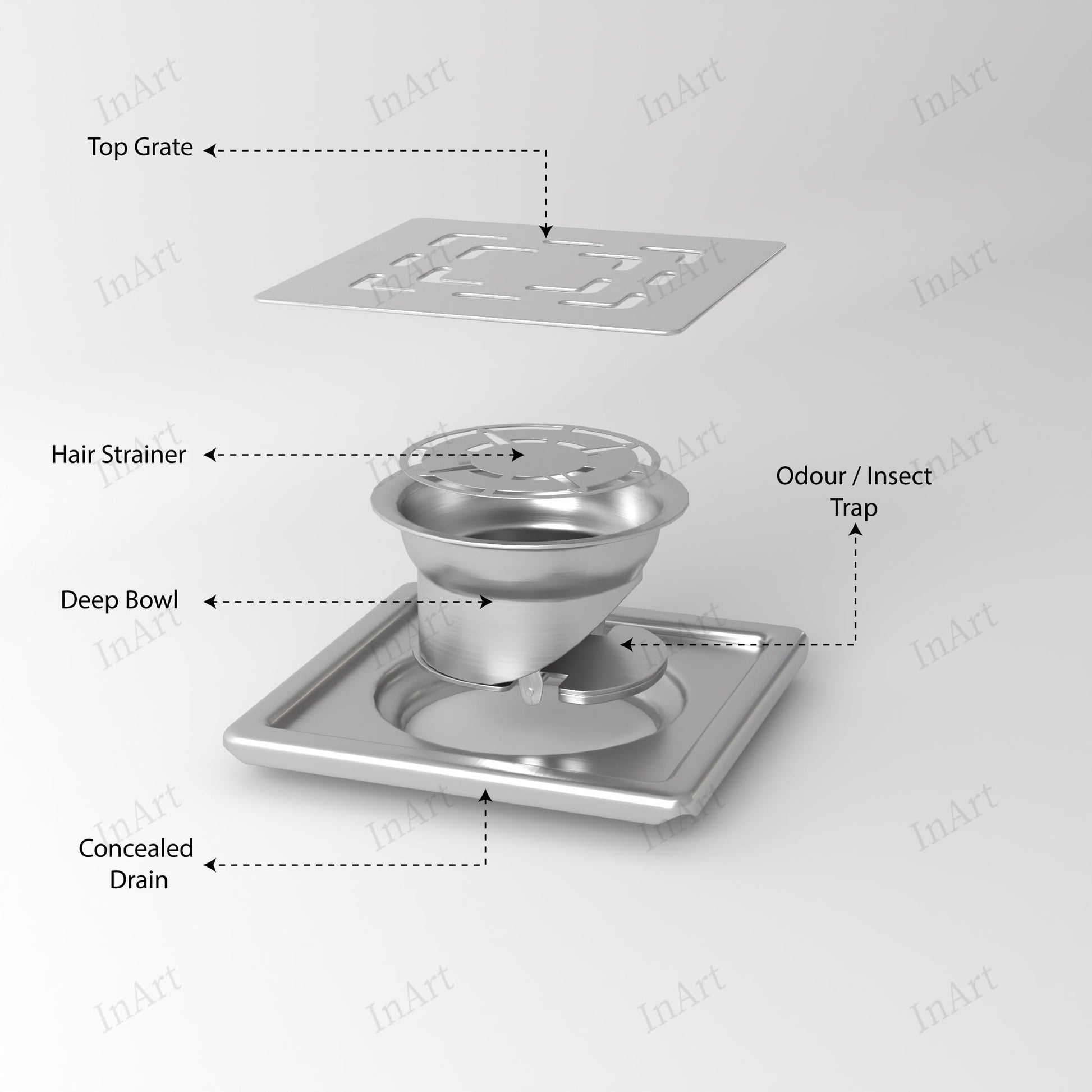 Brushed stainless steel floor drain grate cover with removable inner cup odor trap insert