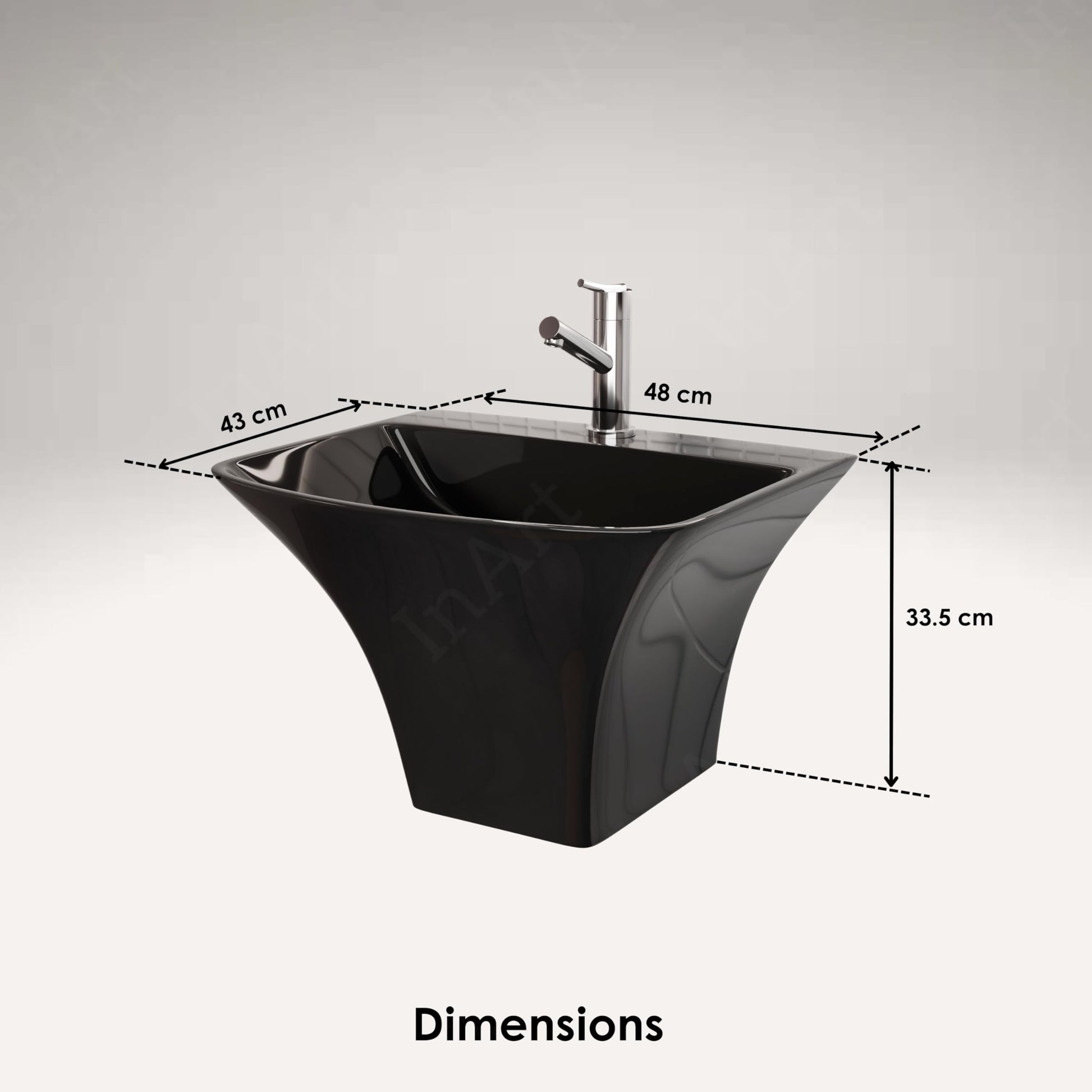 Side angle of glossy black ceramic rectangular wall-mounted sink with flared sides and integrated shroud