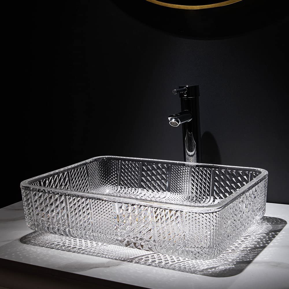 Side profile of clear tempered glass rectangular vessel sink showing 4.33-inch bowl depth and above-counter design