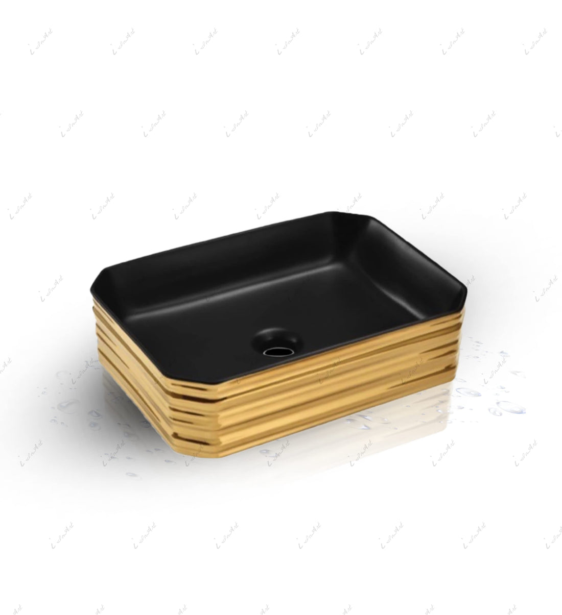 Matte black vessel sink InArt Model 46x34cm, oval ceramic countertop wash basin with gold accents