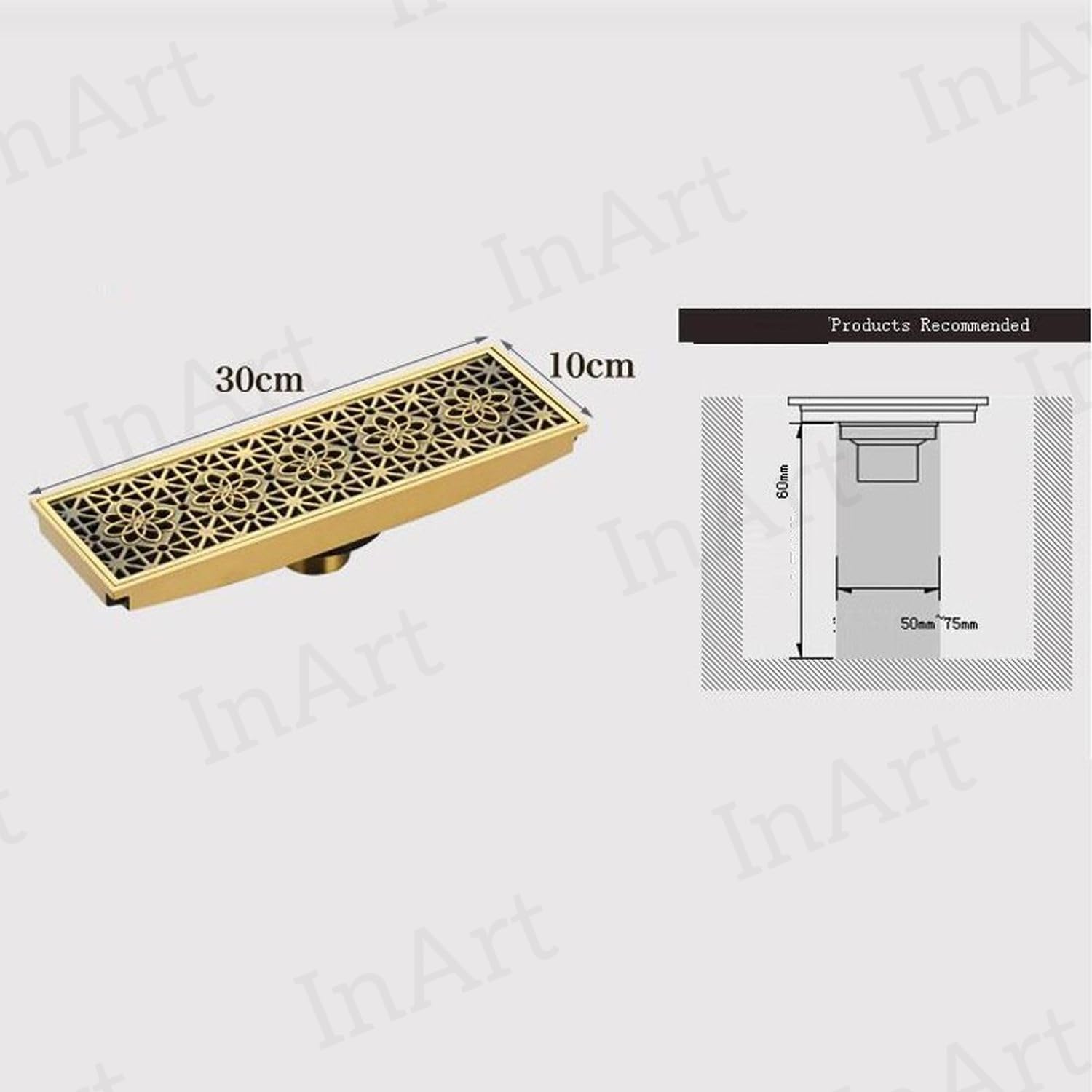 Decorative shower drain cover close-up, floral lattice pattern in antique brass on brass grate