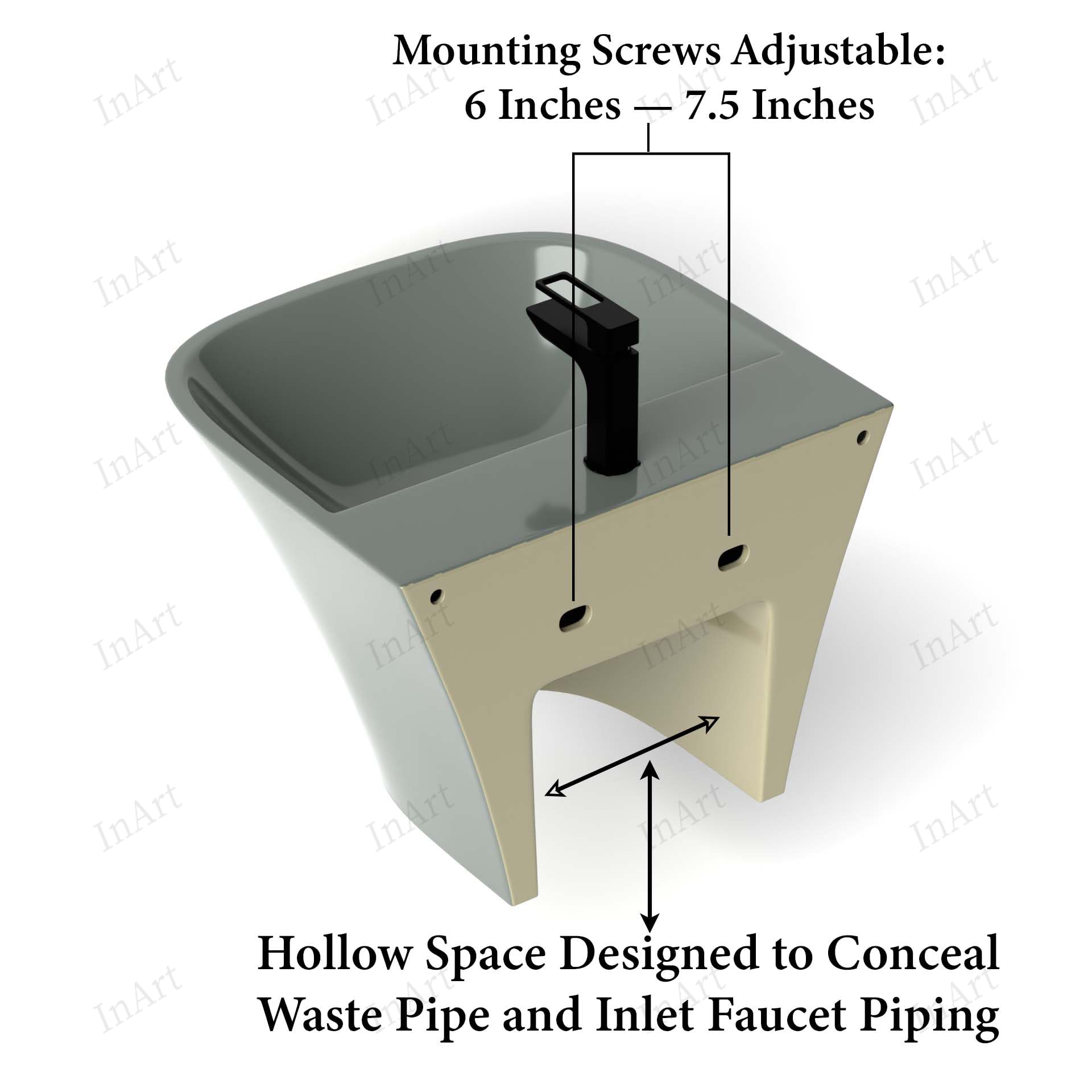Ceramic wall-hung bathroom sink showing single-hole faucet deck and no-overflow basin, glossy gray finish