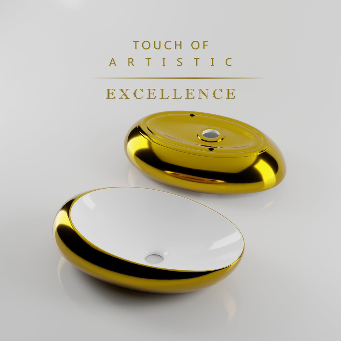 Vessel sinks InArt tabletop ceramic oval wash basin, glossy white and gold, 20x12x5 inch