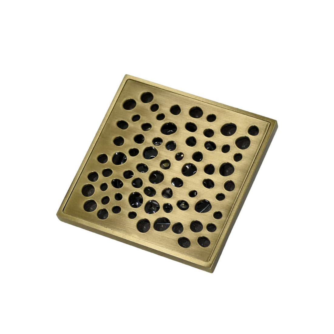 Square shower floor drain cover in antique brass, decorative round-hole brass grate