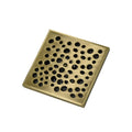 Square shower floor drain cover in antique brass, decorative round-hole brass grate