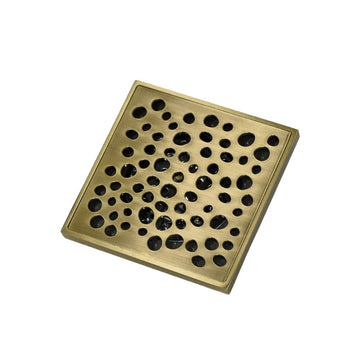 Square shower floor drain cover in antique brass, decorative round-hole brass grate